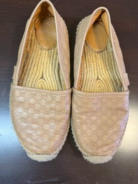 Gucci Beige Monogram Leather Espadrille Flats